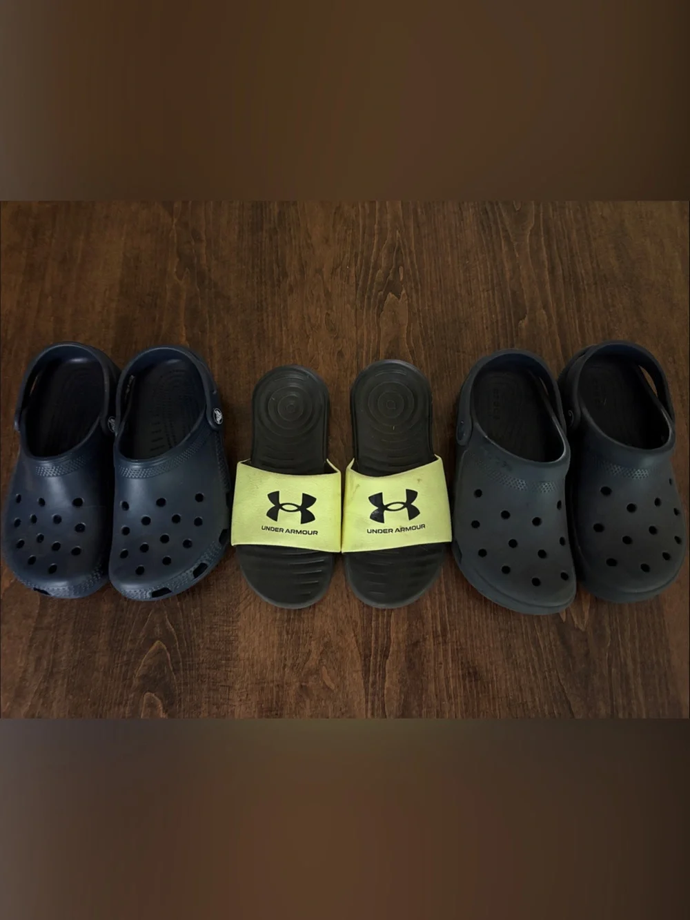 Under Armour Neon Yellow and 2 Pair Navy Blue CROCS size 2